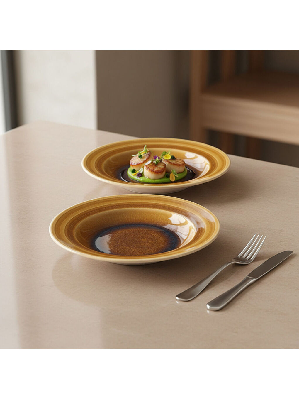 Ekru Valeron 6 Adet 22 Cm Çukur Yemek Tabağı  Reaktif Saura 137-4