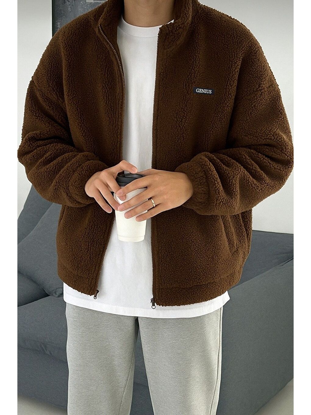 Kahverengi Oversize Pelüş Tam Fermuarlı Sweatshirt Pelüş İçi Polarlı Sherpa Kumaş Sweatshirt