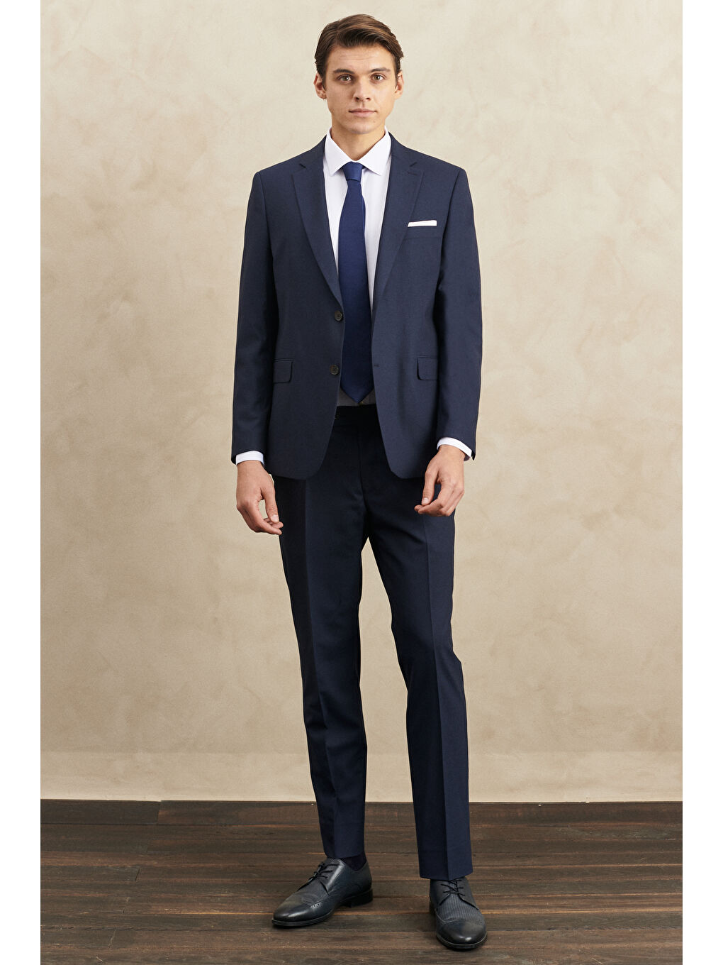 Erkek Lacivert Su Geçirmez Regular Fit Mono Yaka Yünlü Nano Takım Elbise-1