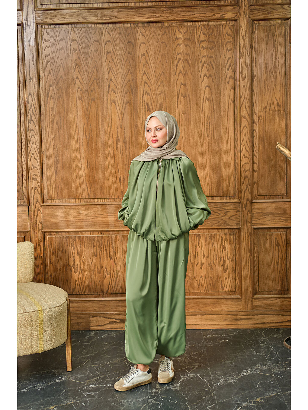 Kadın Gizli Fermuar Detay Takım Açık Yeşil