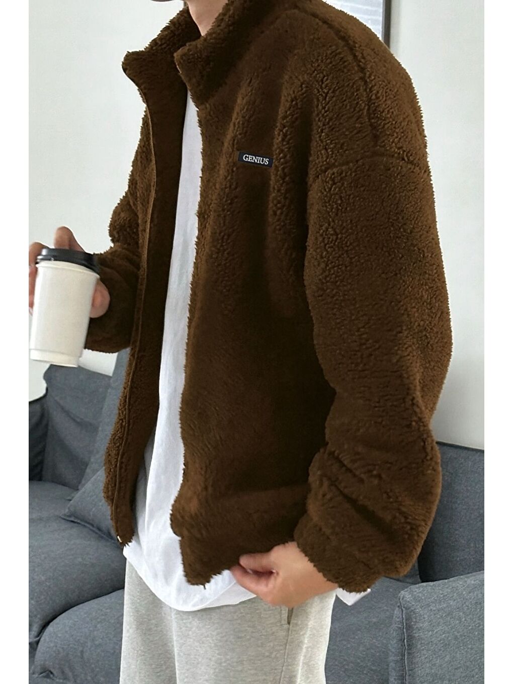 Kahverengi Oversize Pelüş Tam Fermuarlı Sweatshirt Pelüş İçi Polarlı Sherpa Kumaş Sweatshirt-1