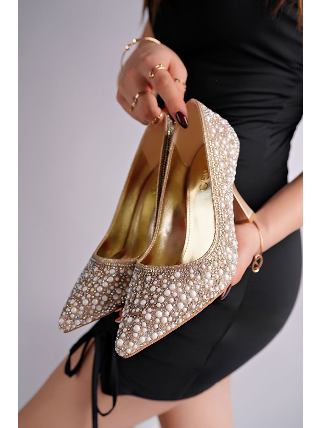 Sarı STONY Taş ve İnci İşlemeli Topuklu Nikah Düğün Gelin Topuklu Abiye Ayakkabı-3