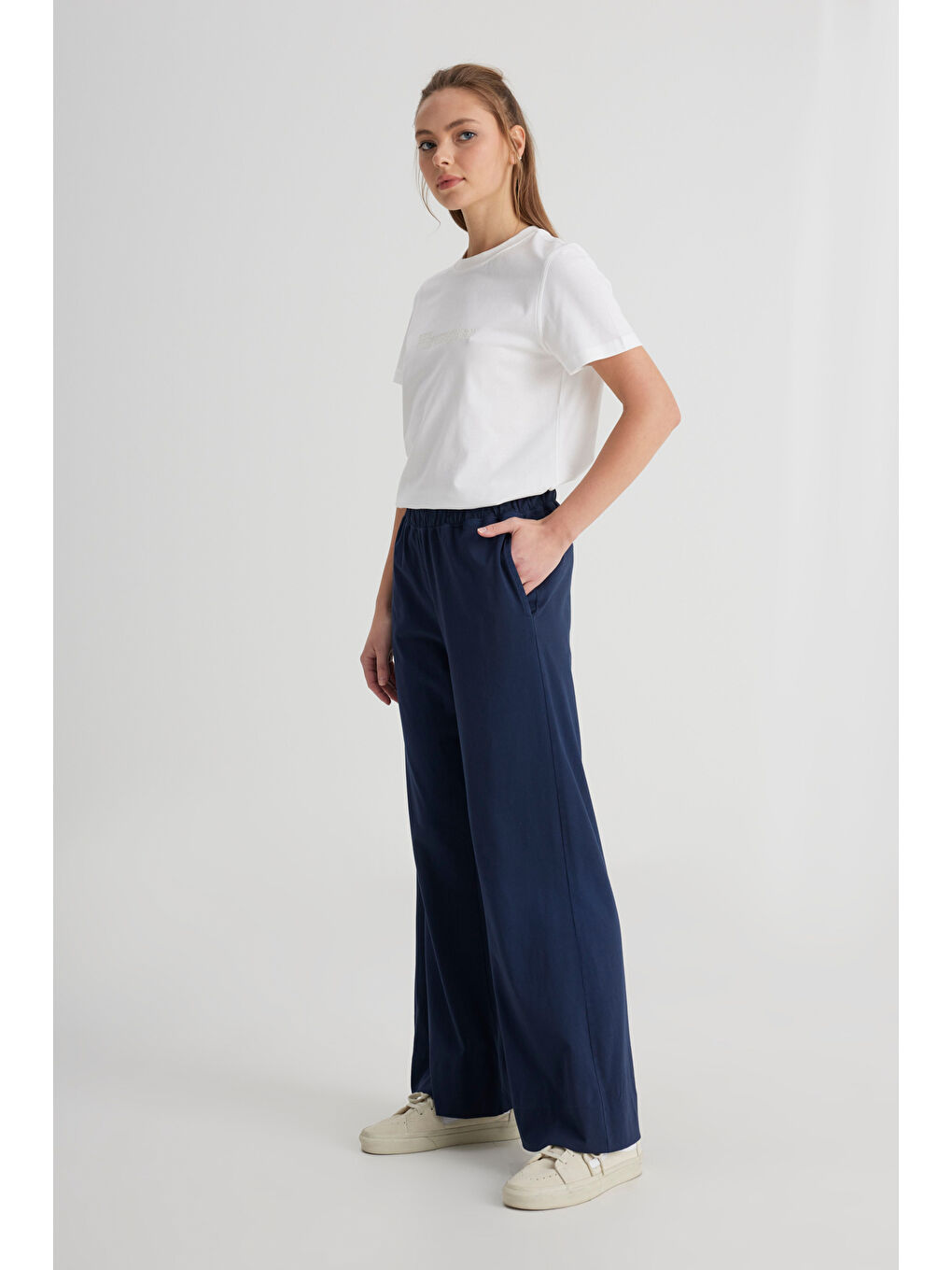 Loose Fit Rahat Kesim Yüksek Bel Geniş Paça %100 Pamuk Lacivert Sweatpant Eşofman-1