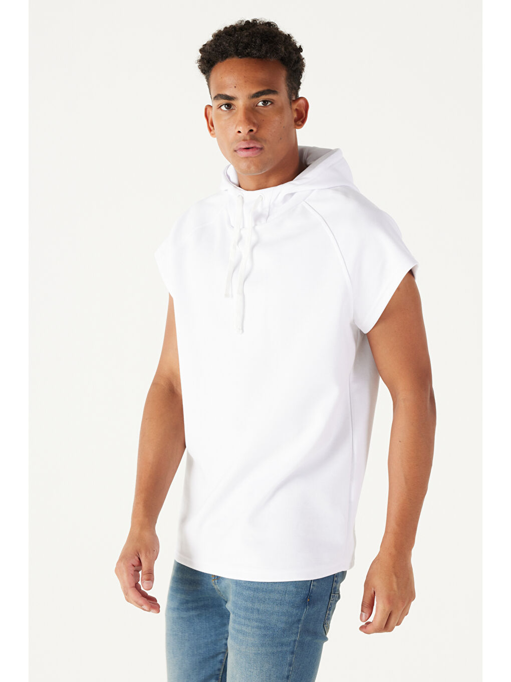 Erkek Beyaz Long Fit Kapüşonlu Kolsuz Sweatshirt-2