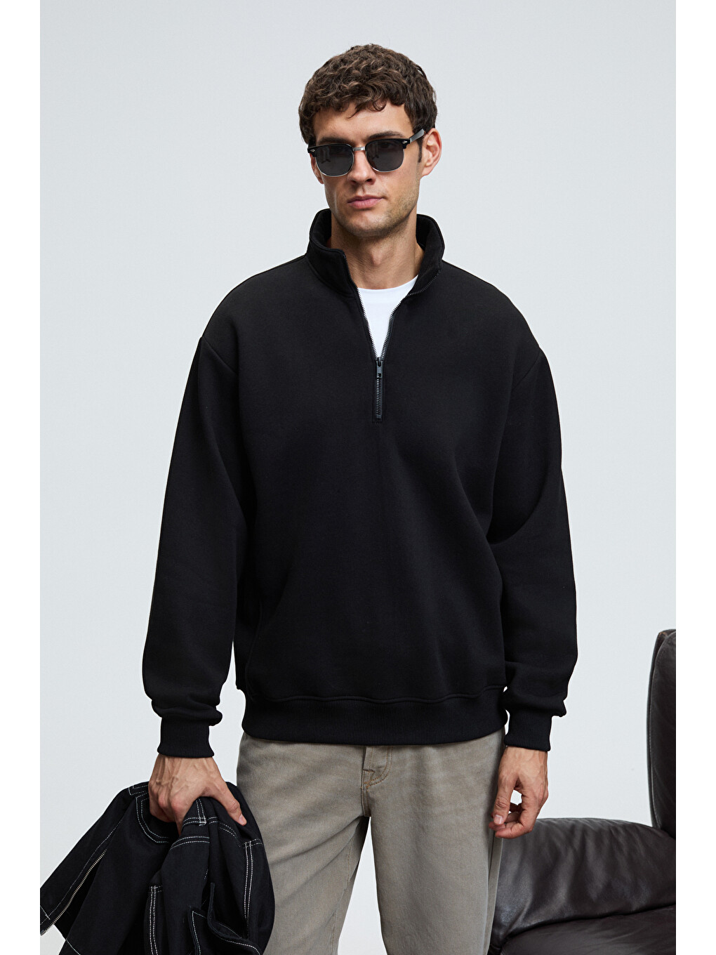 Siyah BAXTER Erkek Dik Yakalı Fermuarlı Relaxed SİYAH Sweatshirt-2