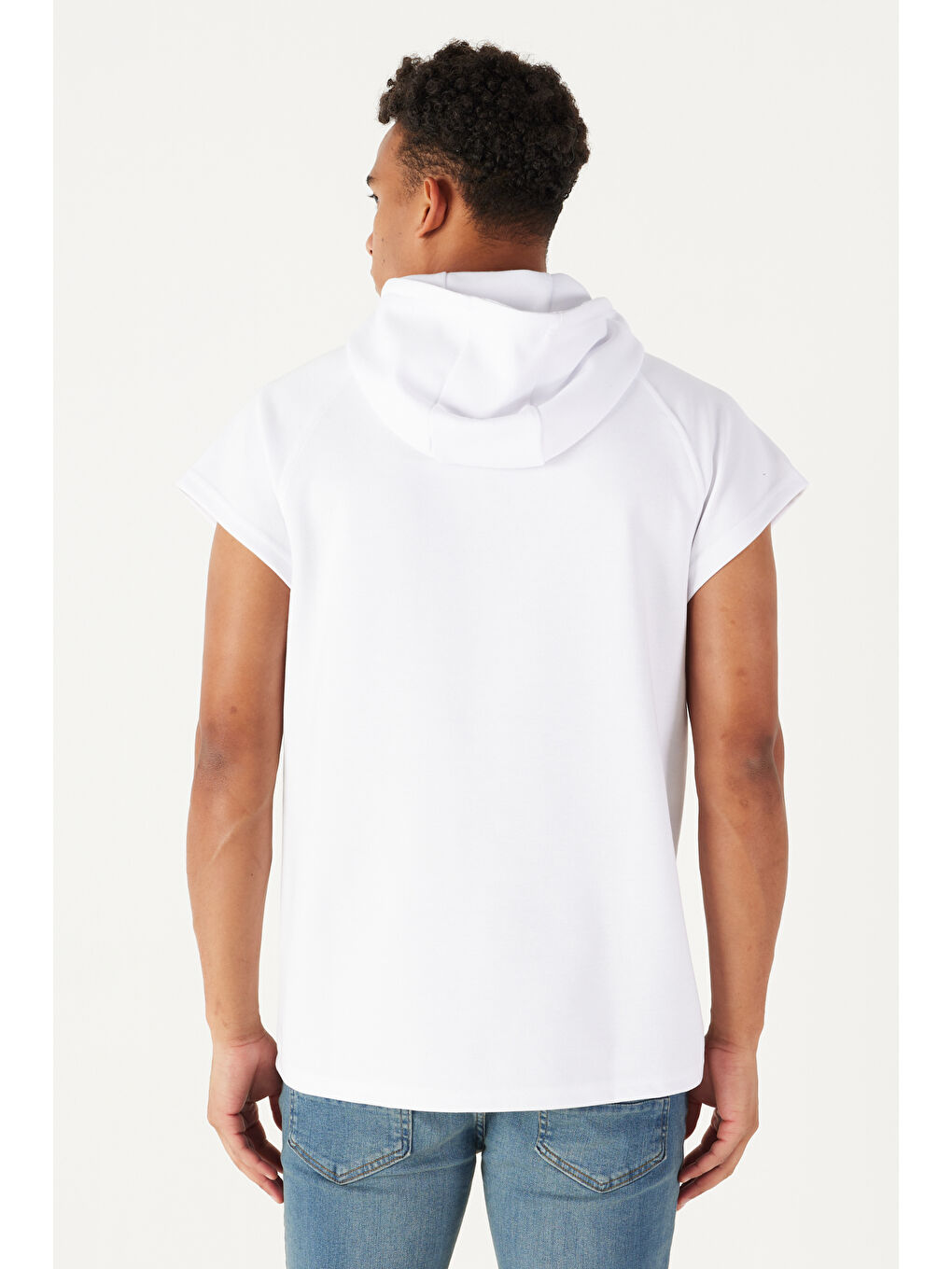 Erkek Beyaz Long Fit Kapüşonlu Kolsuz Sweatshirt-4