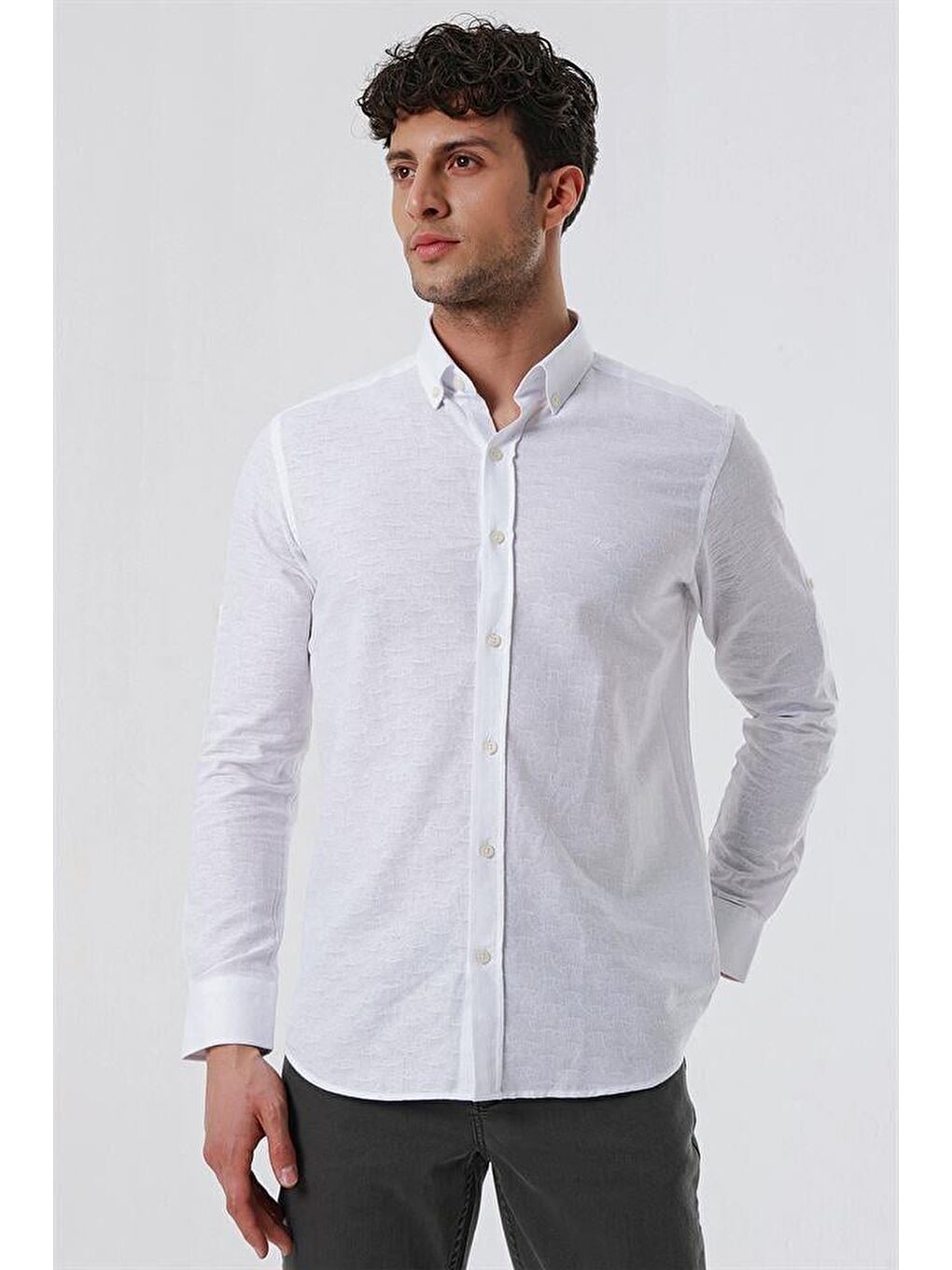 Beyaz Kısalabilir Kollu Desenli Jakarlı Cepsiz %100 Pamuk Casual Slim Fit Gömlek 1004230181