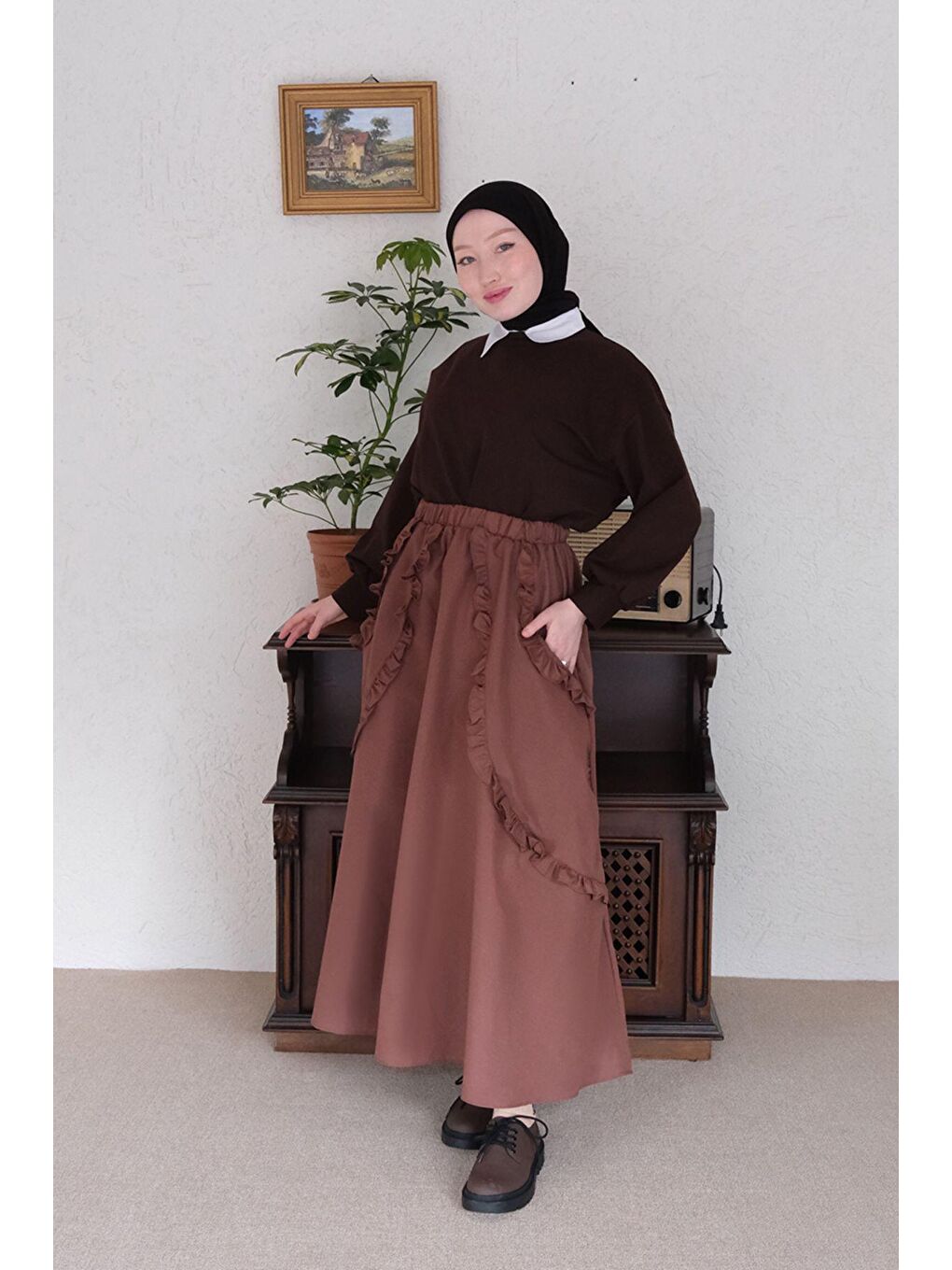 Kahverengi Acı Kahve Fırfır Cepli Etek