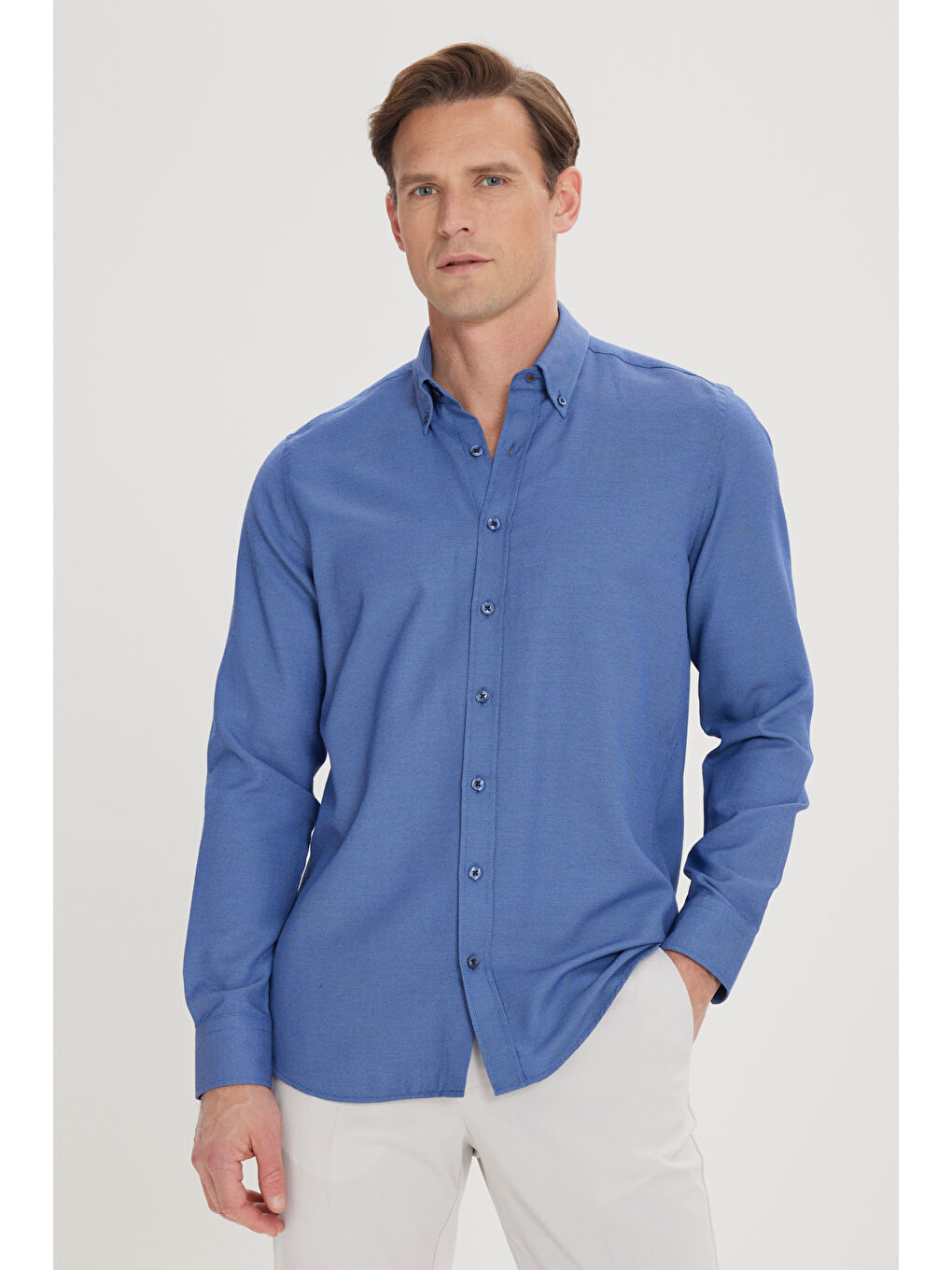 Erkek Mavi Slim Fit Dar Kesim %100 Pamuk Düğmeli Yaka Oxford Gömlek-3