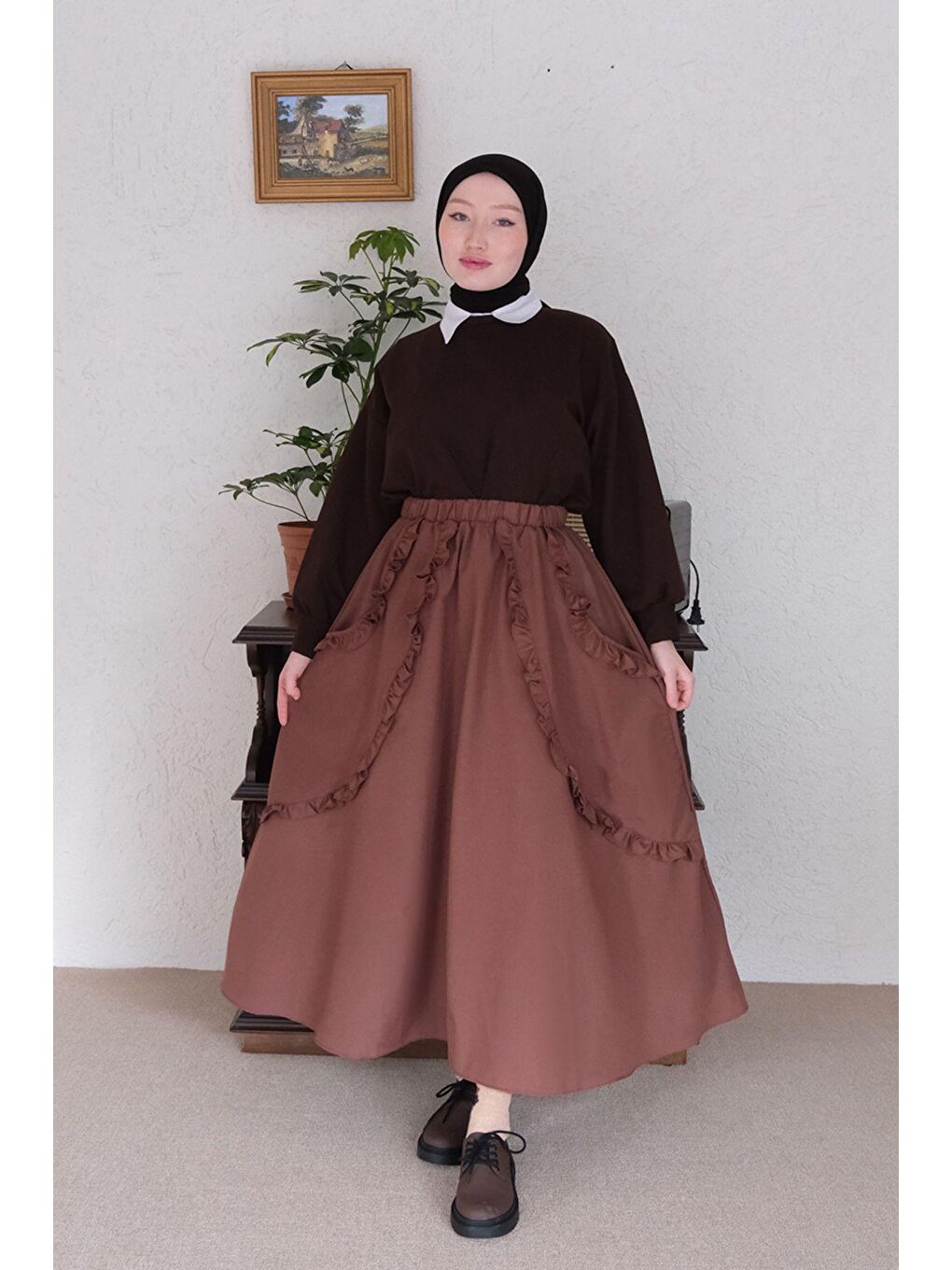 Kahverengi Acı Kahve Fırfır Cepli Etek-1