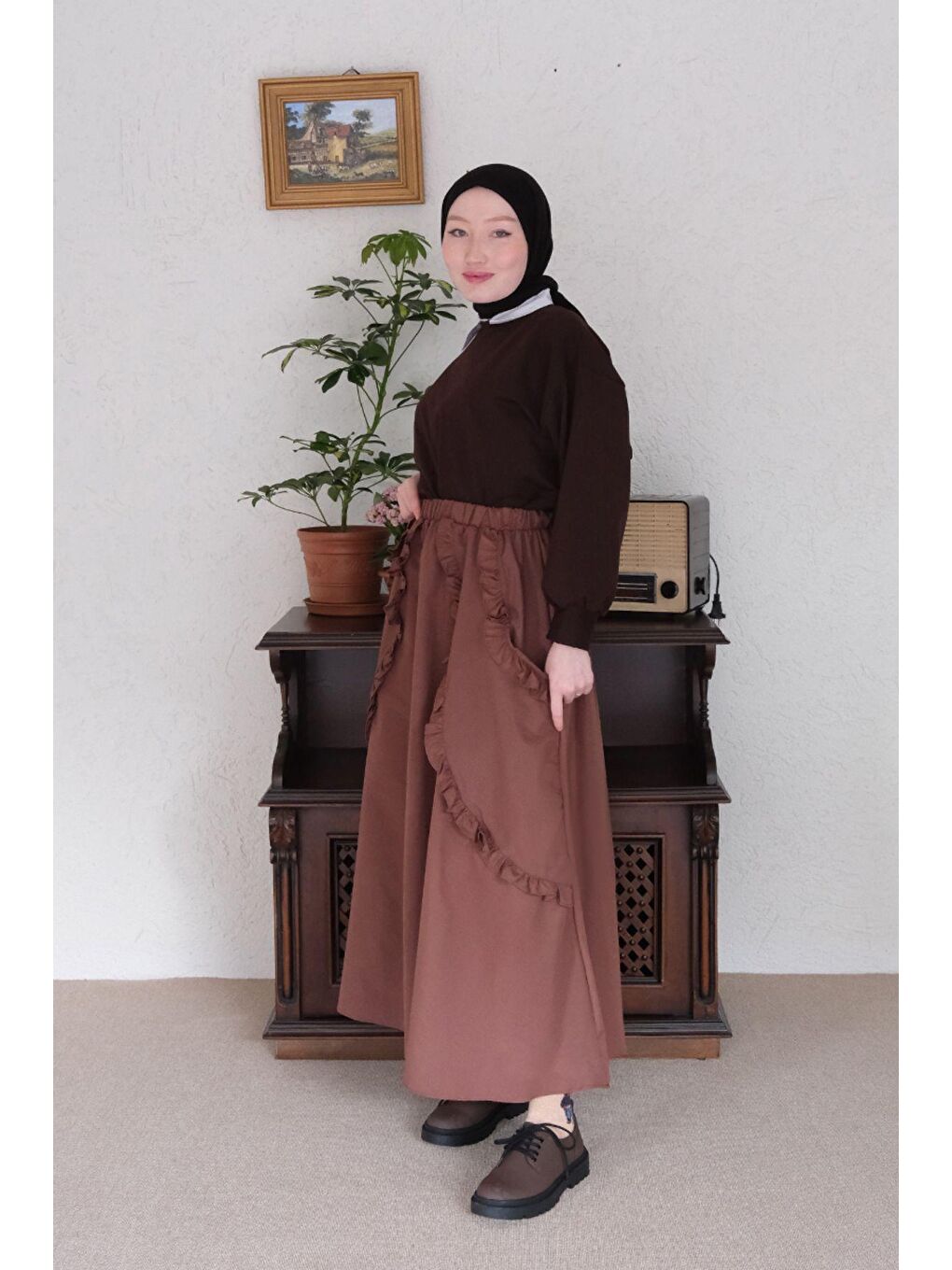 Kahverengi Acı Kahve Fırfır Cepli Etek-2