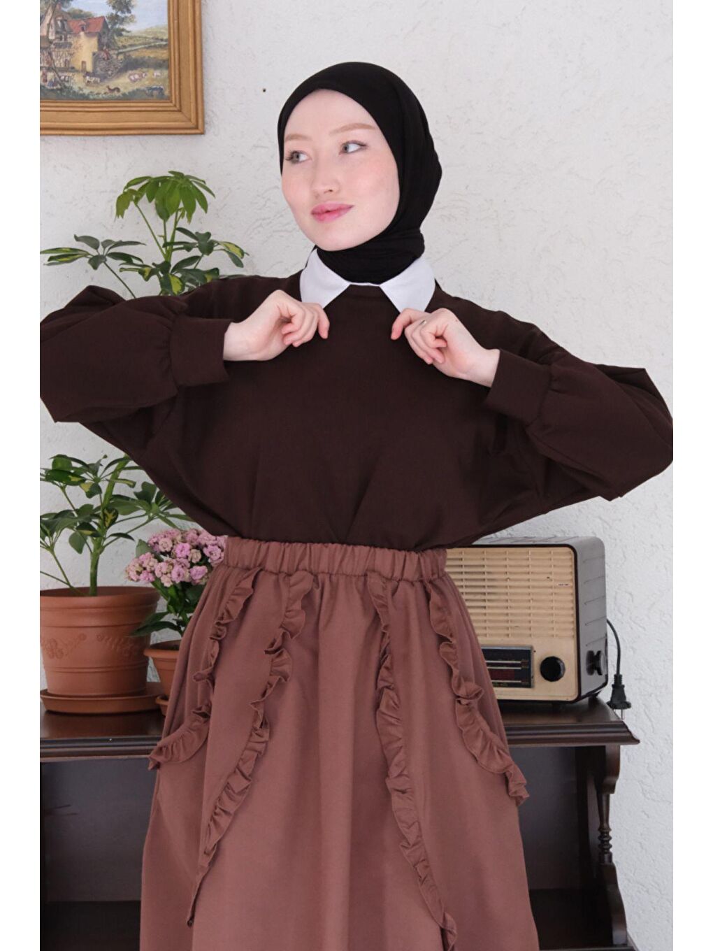 Kahverengi Acı Kahve Fırfır Cepli Etek-3