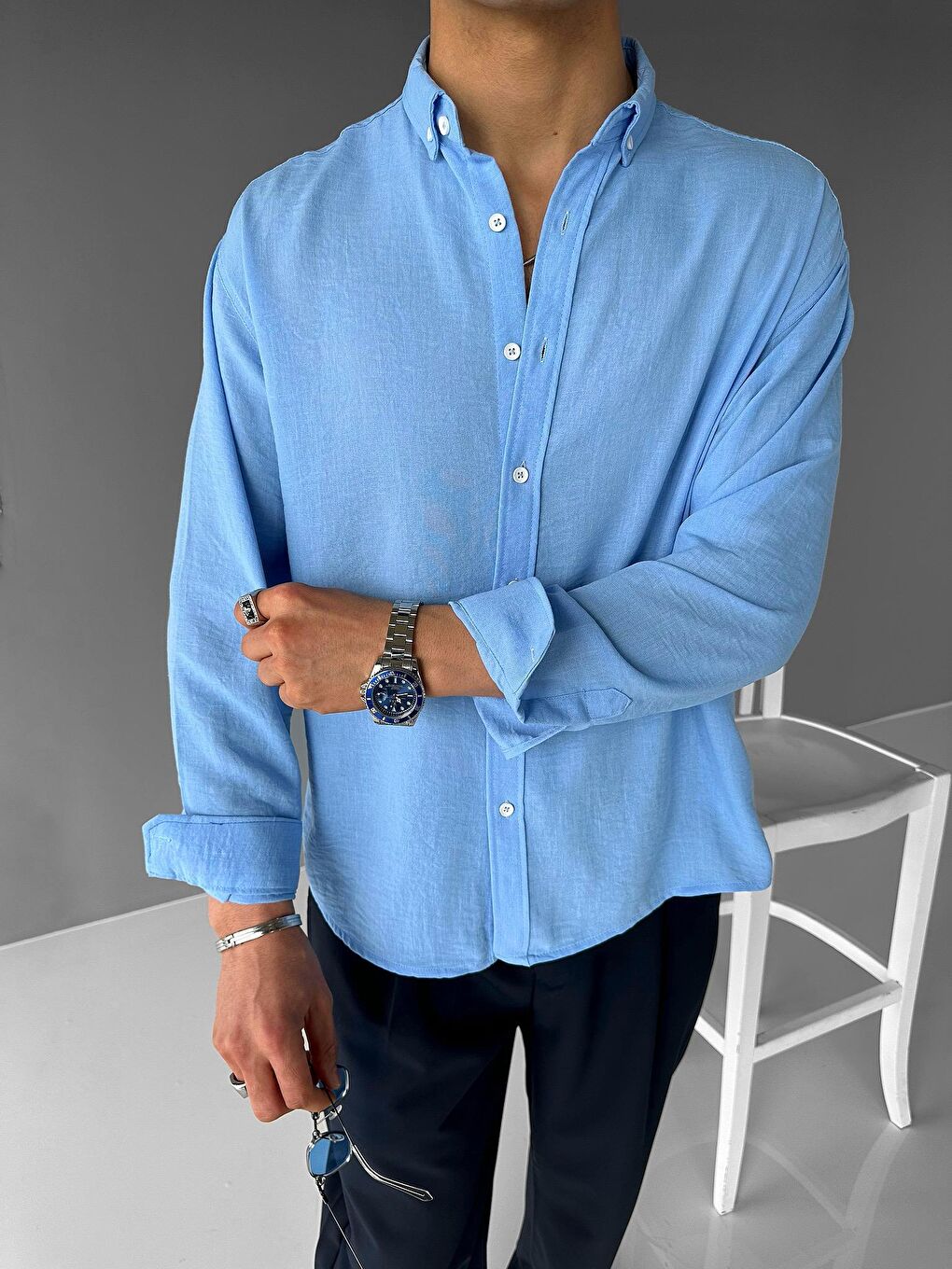 Erkek Oversize Basic Rahat Gömlek Açık Mavi-6