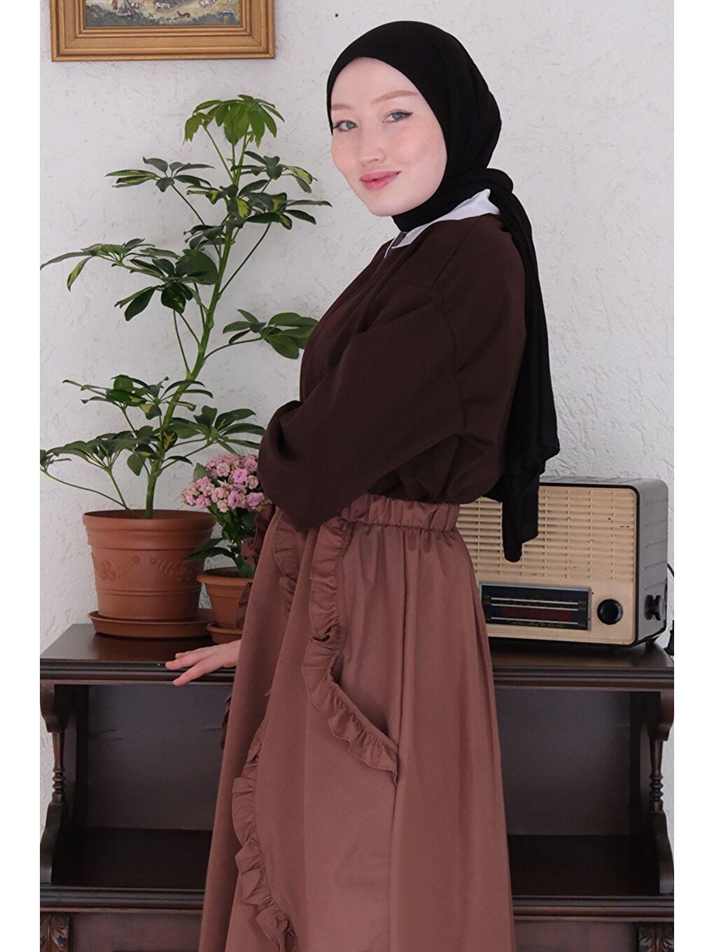 Kahverengi Acı Kahve Fırfır Cepli Etek-4