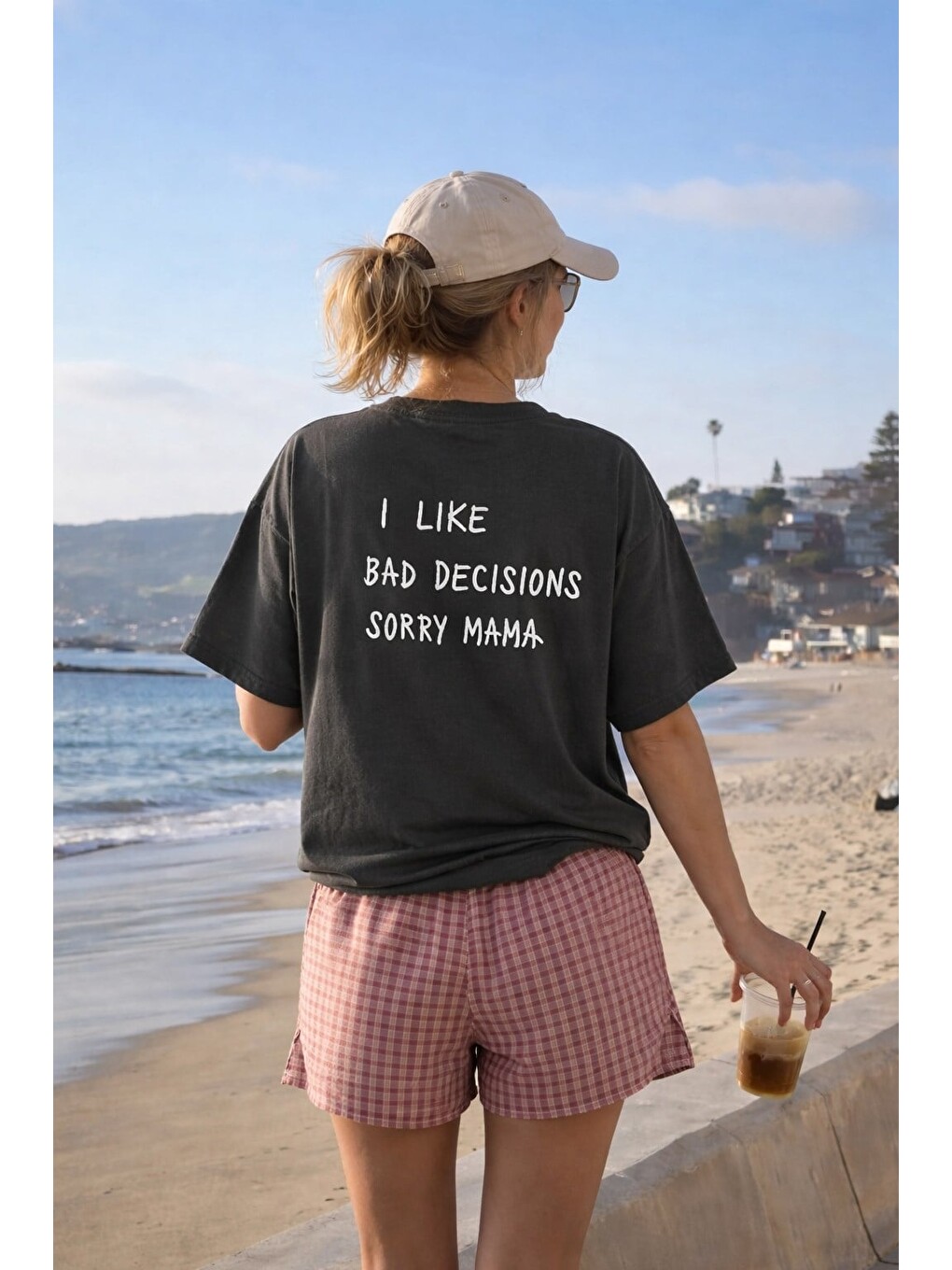 Antrasit Kadın Premium Kumaş Sırt Baskılı Pamuklu Oversize T-Shirt
