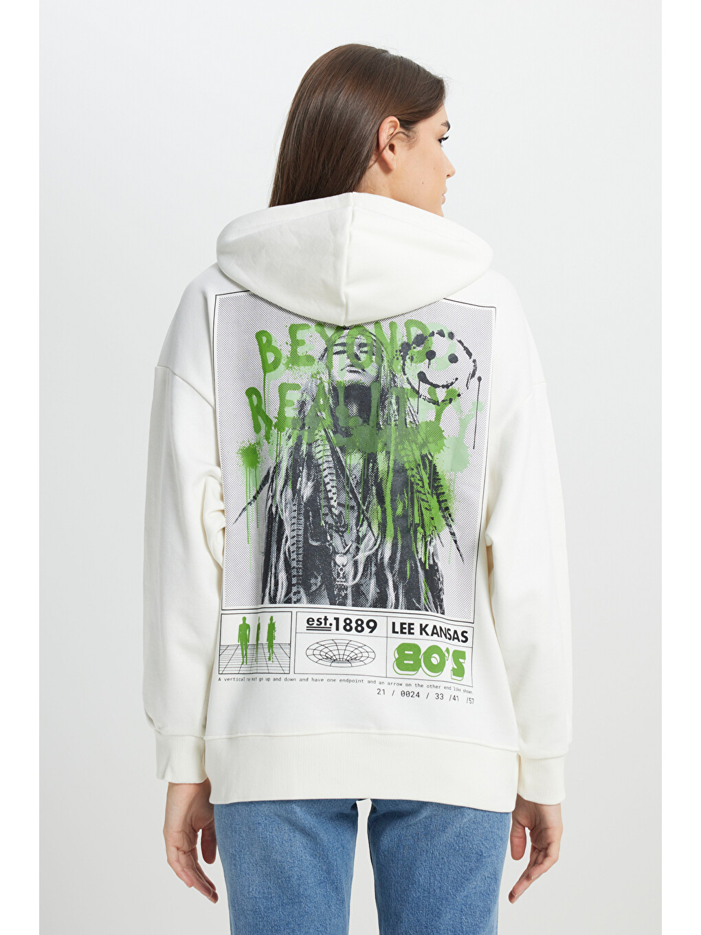 Regular Fit Normal Kesim Kapüşonlu İçi Polarlı Sırt Baskılı Kırık Beyaz Sweatshirt-1