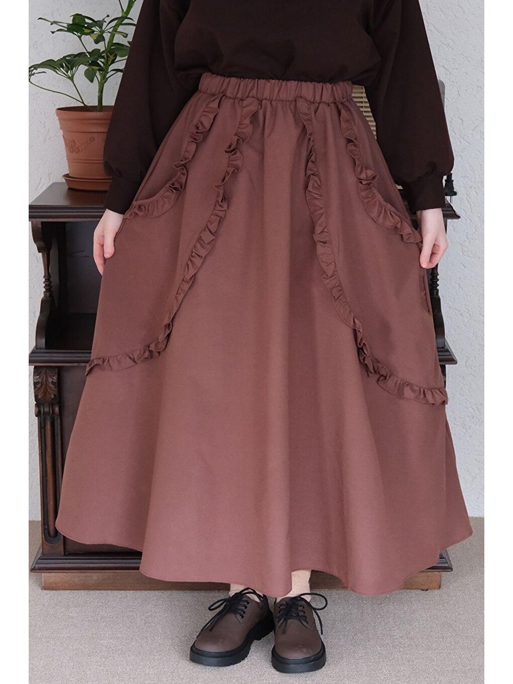 Kahverengi Acı Kahve Fırfır Cepli Etek-5