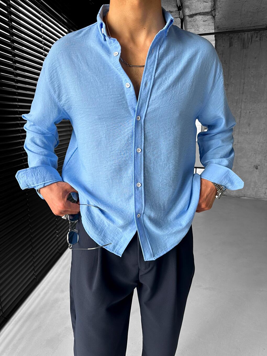 Erkek Oversize Basic Rahat Gömlek Açık Mavi-7