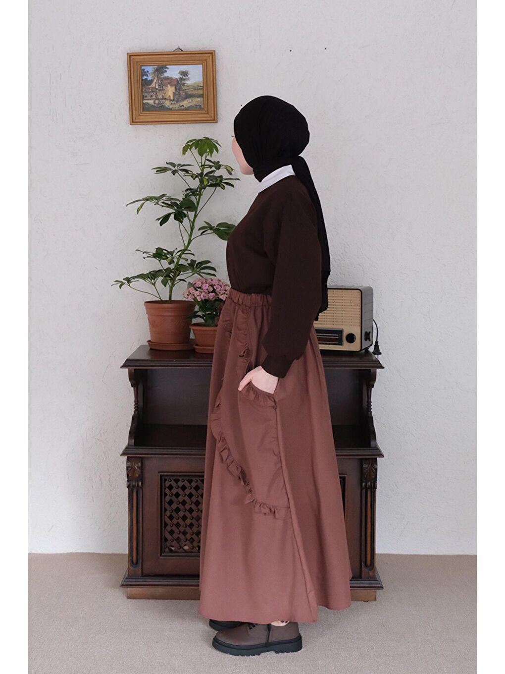 Kahverengi Acı Kahve Fırfır Cepli Etek-6