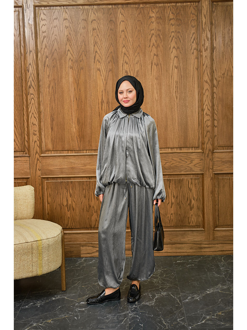 Kadın Gizli Fermuar Detay Takım Gri-1