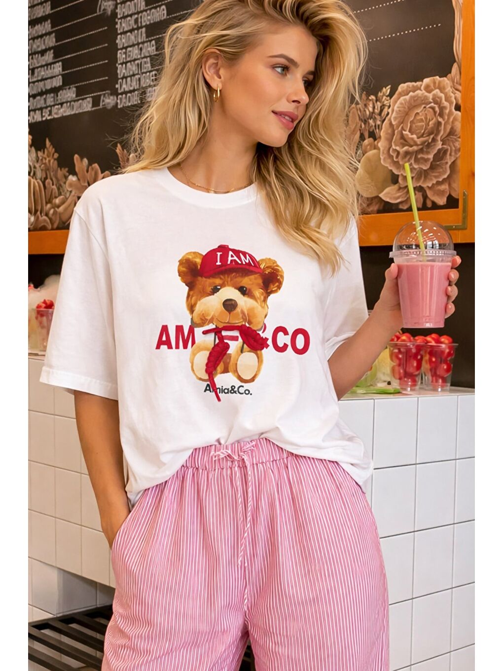 Lila Kadın Premium Kumaş Ayıcık Baskılı Kordon Detaylı T-Shirt