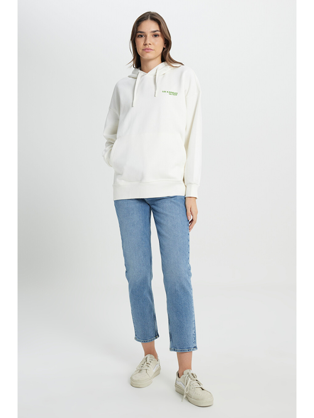 Regular Fit Normal Kesim Kapüşonlu İçi Polarlı Sırt Baskılı Kırık Beyaz Sweatshirt-3