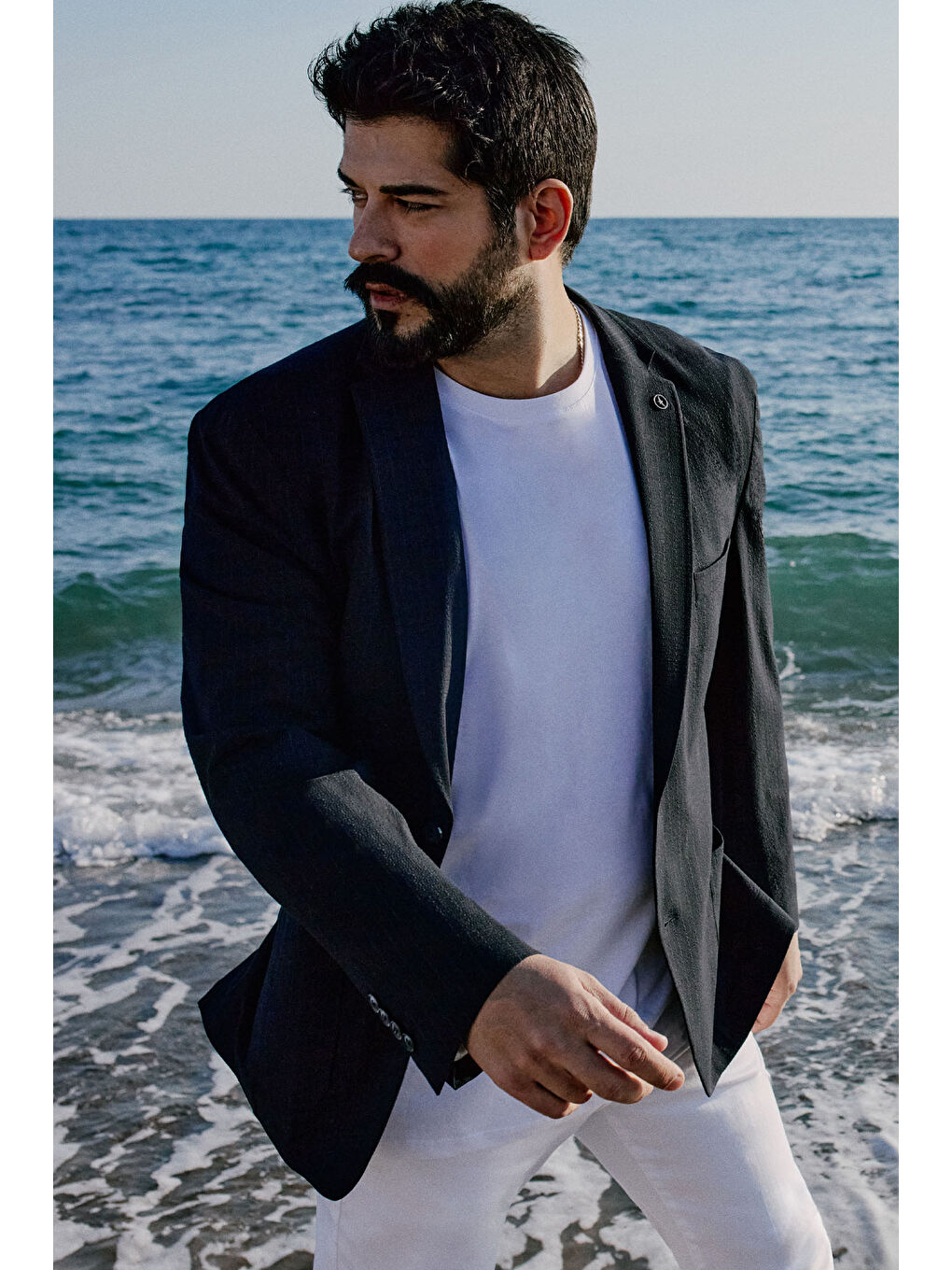 Erkek Lacivert Slim Fit Dar Kesim Mono Yaka Kapak Cepli Gofre Desenli Blazer Ceket-1