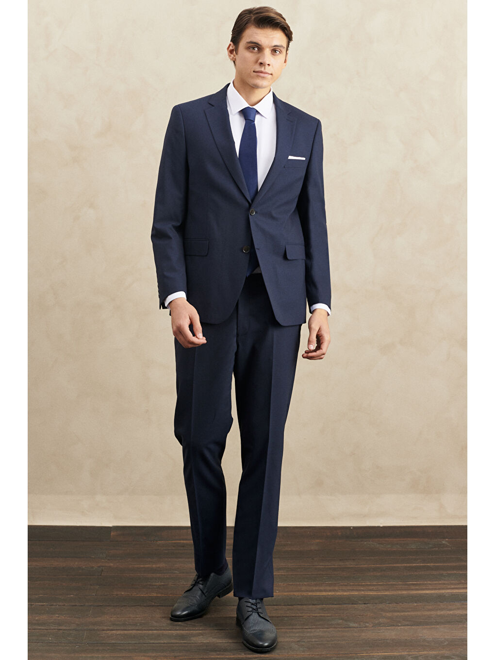 Erkek Lacivert Su Geçirmez Regular Fit Mono Yaka Yünlü Nano Takım Elbise-4