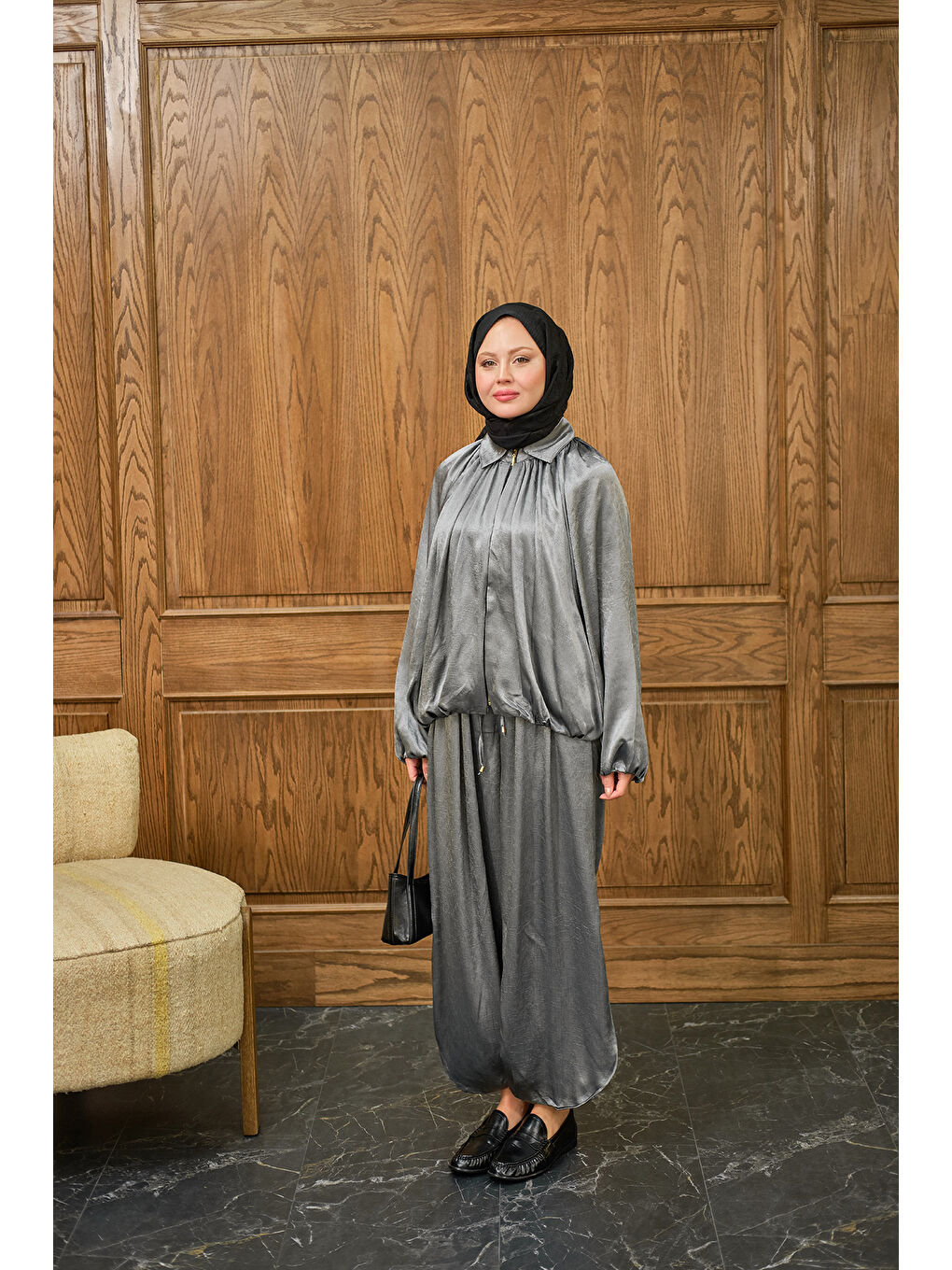 Kadın Gizli Fermuar Detay Takım Gri-3