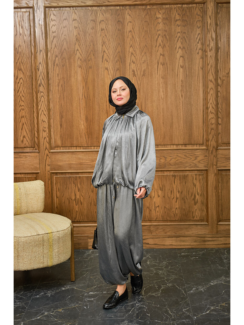 Kadın Gizli Fermuar Detay Takım Gri-4