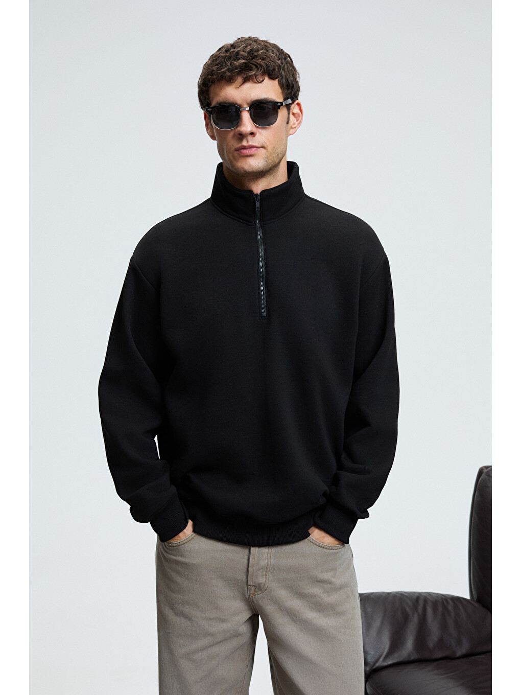 Siyah BAXTER Erkek Dik Yakalı Fermuarlı Relaxed SİYAH Sweatshirt-3
