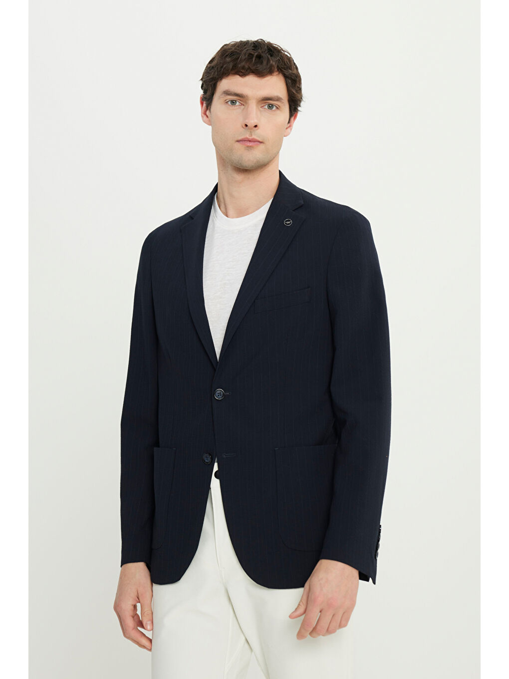 Erkek Lacivert Slim Fit Dar Kesim Mono Yaka Kapak Cepli Gofre Desenli Blazer Ceket-3