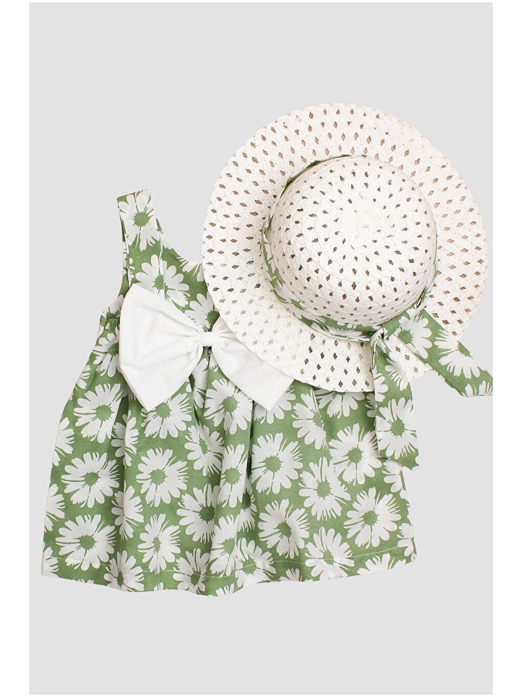 Yeşil Şapkalı Papatya Çiçek Desenli Fiyonklu Esnek Kız Bebek Elbisesi