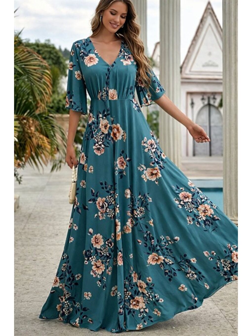 Yeşil Kadın Kısa Kollu V Yakalı Desenli Süprem Elbise