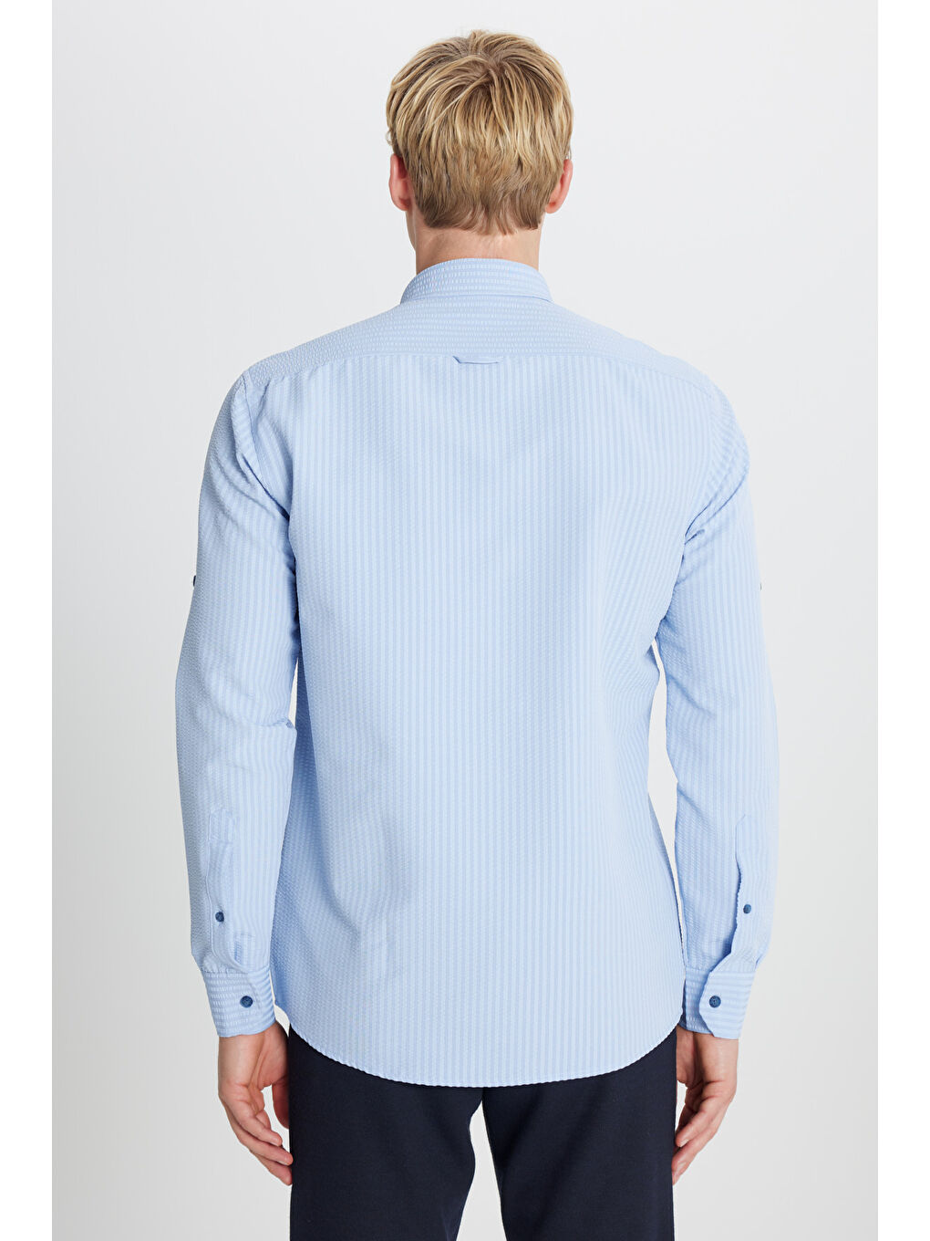 Erkek Lacivert Tailored Slim Fit Dar Kesim Düğmeli Yaka Gofre Desenli Gömlek-4