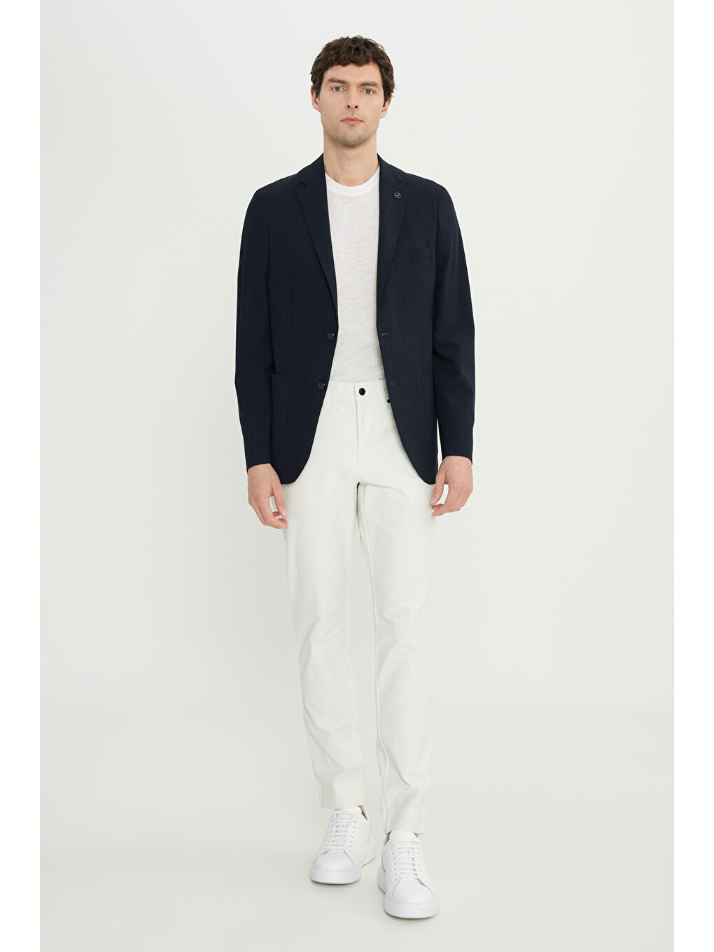 Erkek Lacivert Slim Fit Dar Kesim Mono Yaka Kapak Cepli Gofre Desenli Blazer Ceket-4