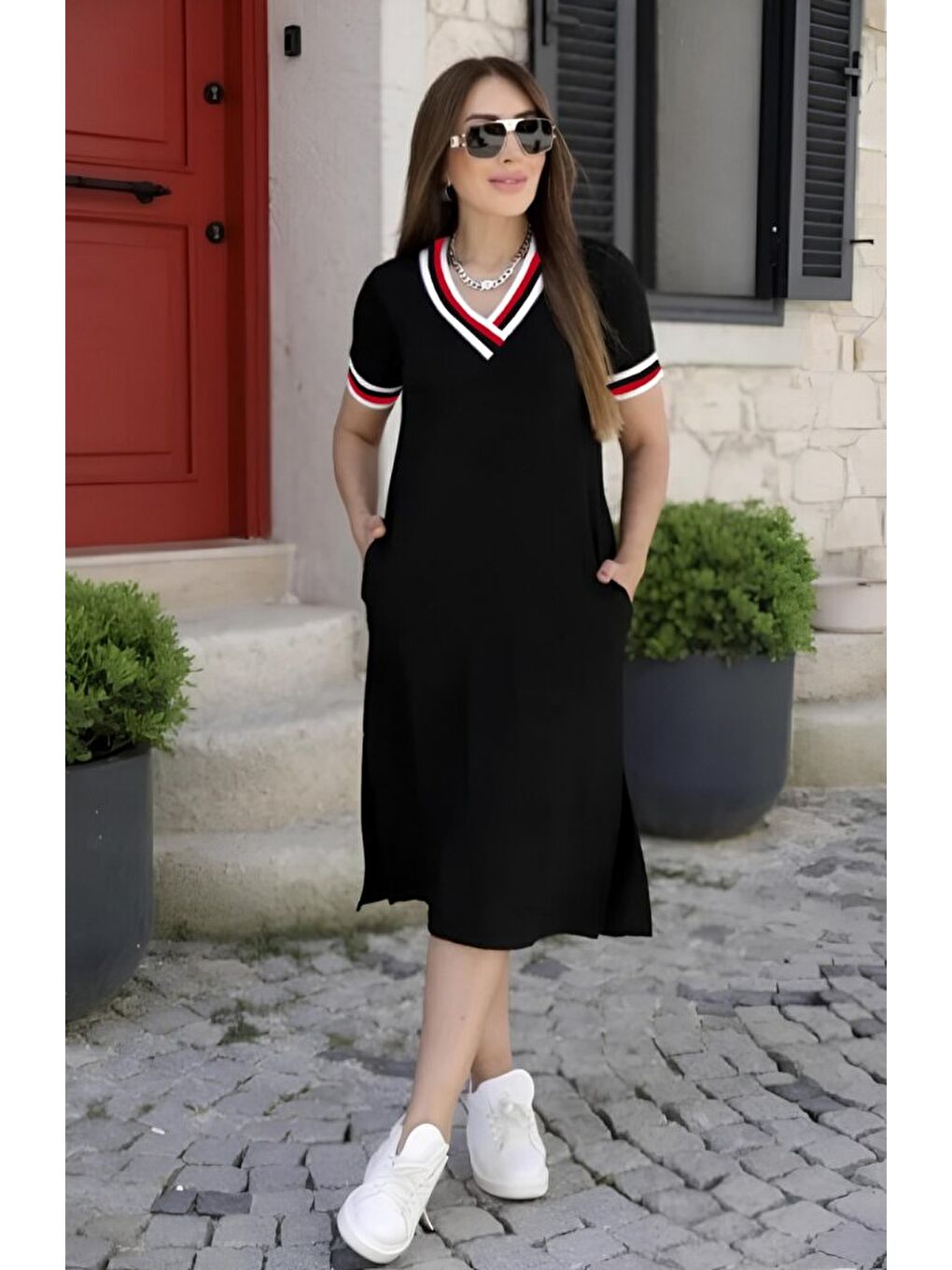 Kırmızı Kadın Kısa Kollu V Yaka Ribana Detay Midiboy Viskon Elbise