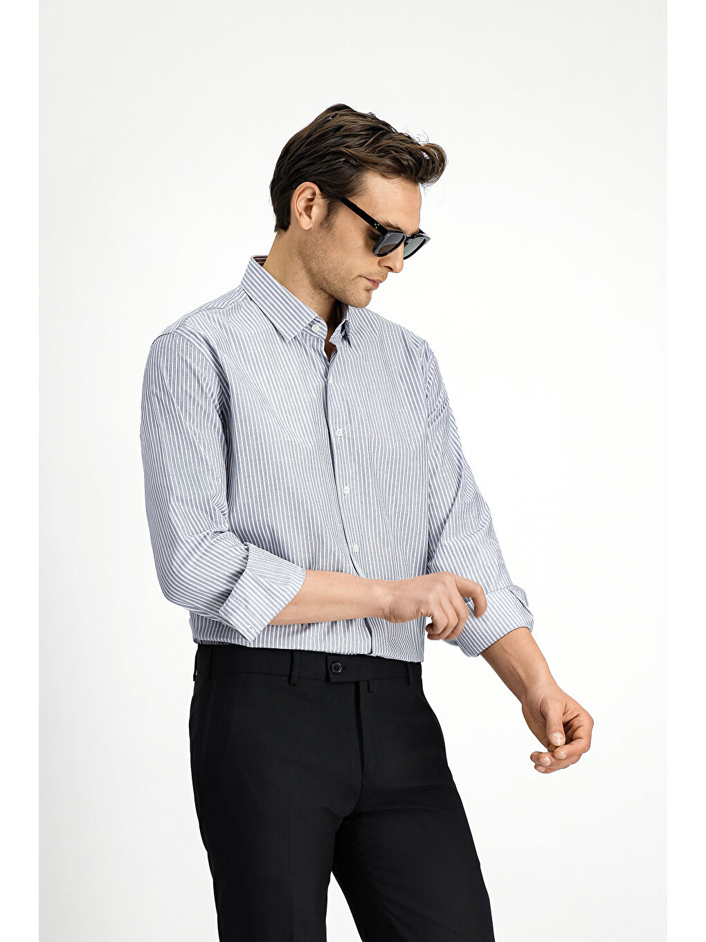 Lacivert Uzun Kol Klasik Çizgili Pamuk Gömlek-1