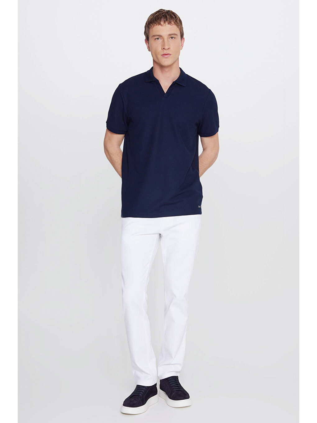 Erkek Lacivert Slim Fit Dar Kesim Polo Yaka Jakarlı Esnek Tişört-1
