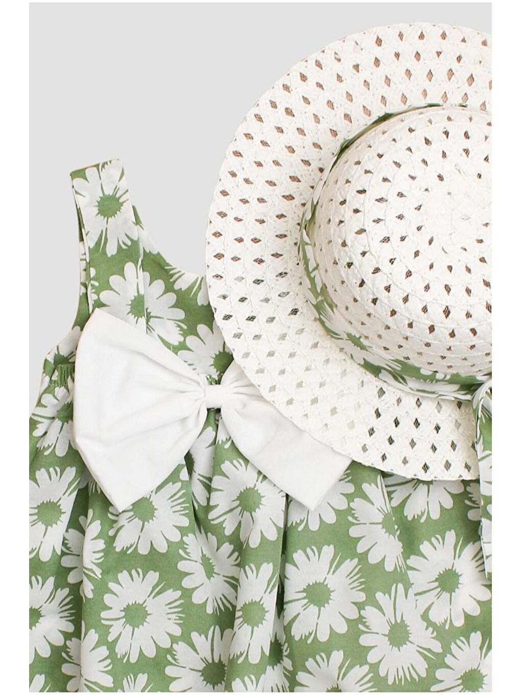 Yeşil Şapkalı Papatya Çiçek Desenli Fiyonklu Esnek Kız Bebek Elbisesi-1
