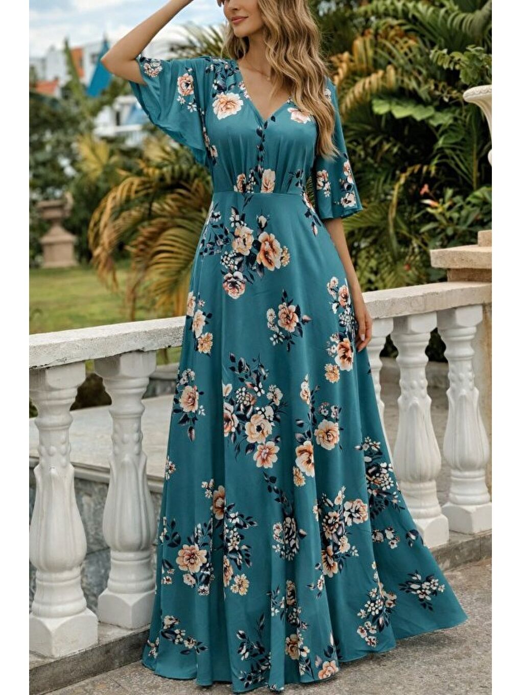 Yeşil Kadın Kısa Kollu V Yakalı Desenli Süprem Elbise-1