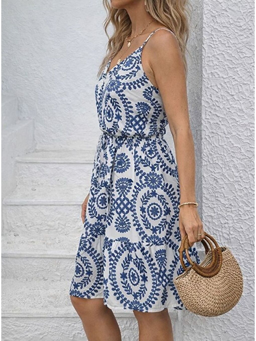 Mavi Kadın Ip Askılı V Yakalı Düğmeli Desenli Kısa Süprem Elbise-1