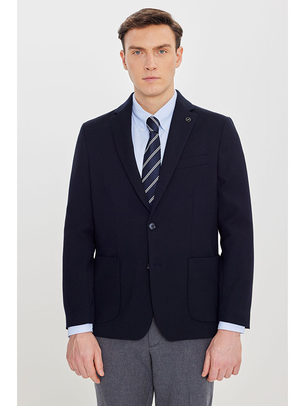 Erkek Lacivert Yünlü Regular Fit Normal Kesim Mono Yaka Torba Cepli Blazer Ceket