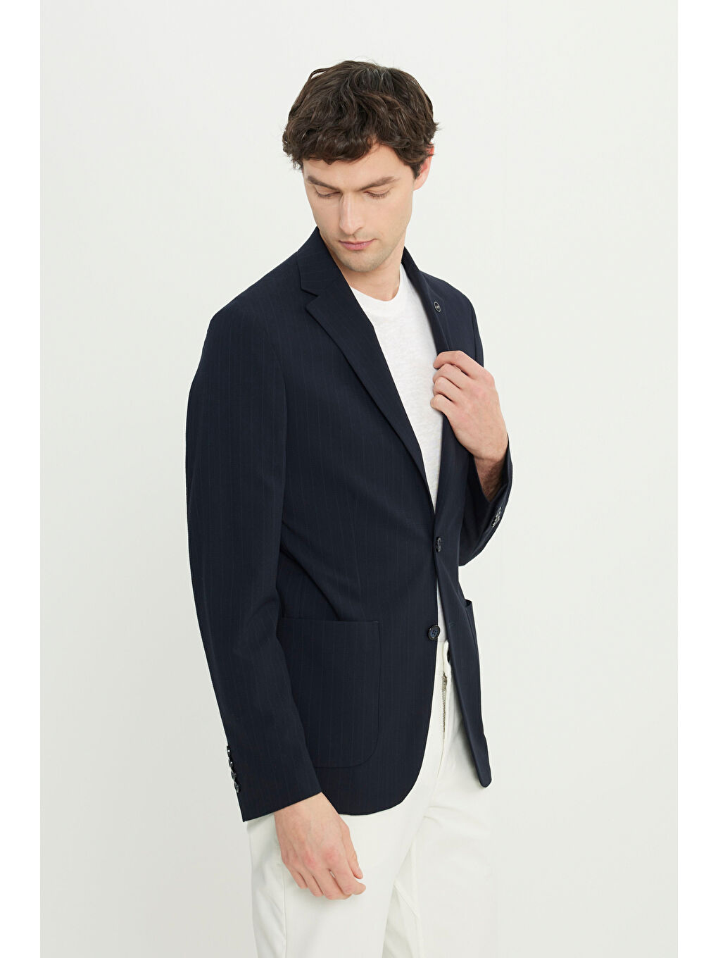 Erkek Lacivert Slim Fit Dar Kesim Mono Yaka Kapak Cepli Gofre Desenli Blazer Ceket-5