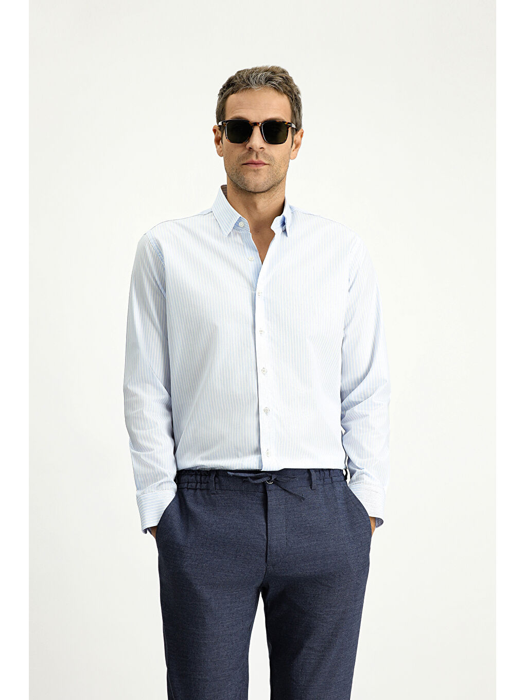 Mavi Uzun Kol Klasik Çizgili Pamuk Gömlek