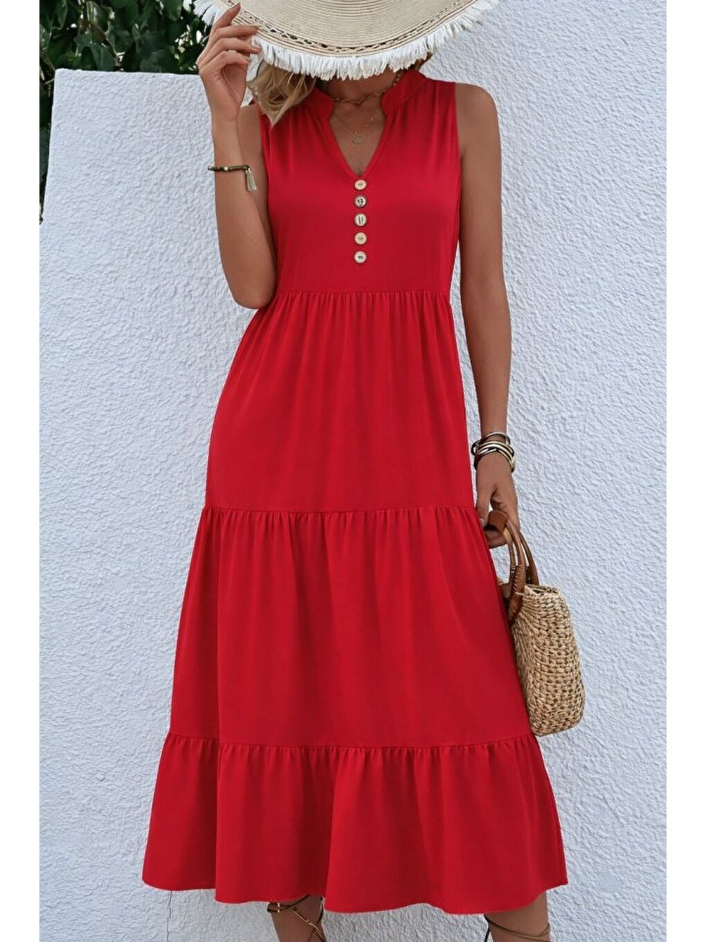 Kırmızı Kadın Askılı V Yakalı önden Düğmeli Midi Viskon Elbise-1