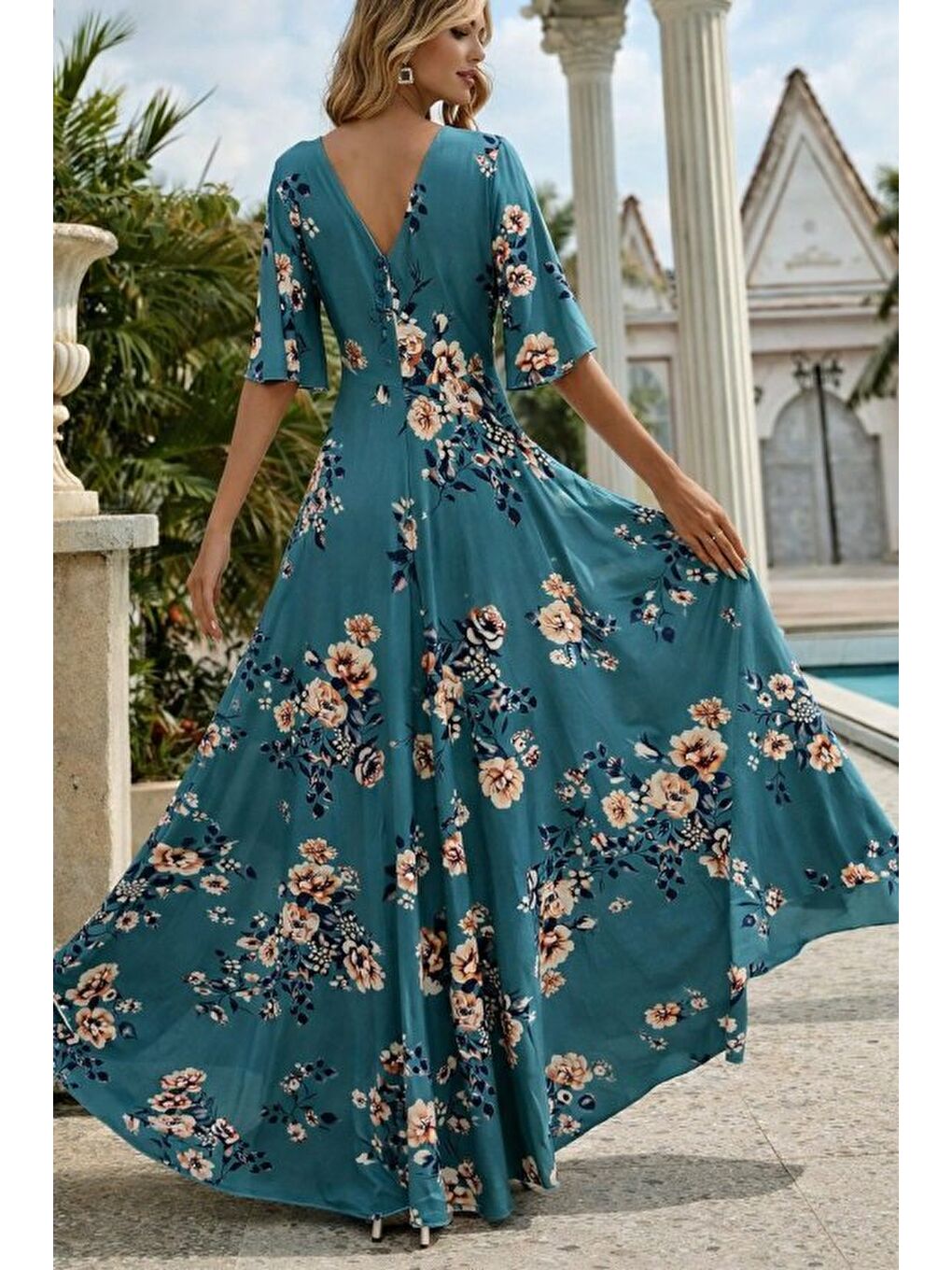 Yeşil Kadın Kısa Kollu V Yakalı Desenli Süprem Elbise-2