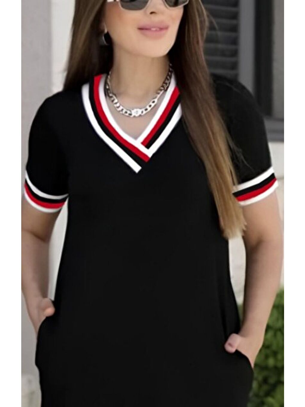 Kırmızı Kadın Kısa Kollu V Yaka Ribana Detay Midiboy Viskon Elbise-1