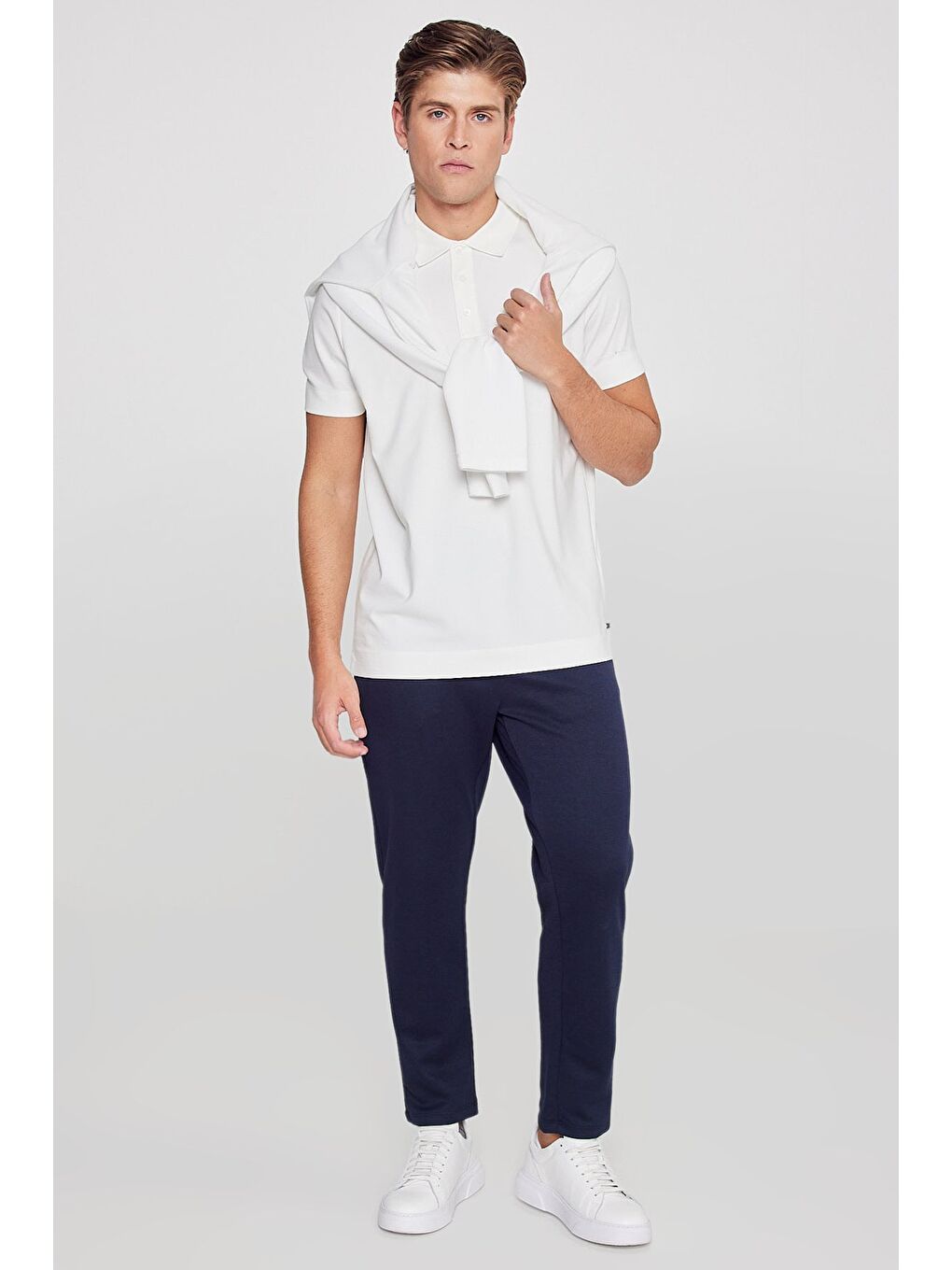 Erkek Lacivert Pamuklu Standart Fit Normal Kesim Beli Lastikli Diagonal Desenli Örme Pantolon-2