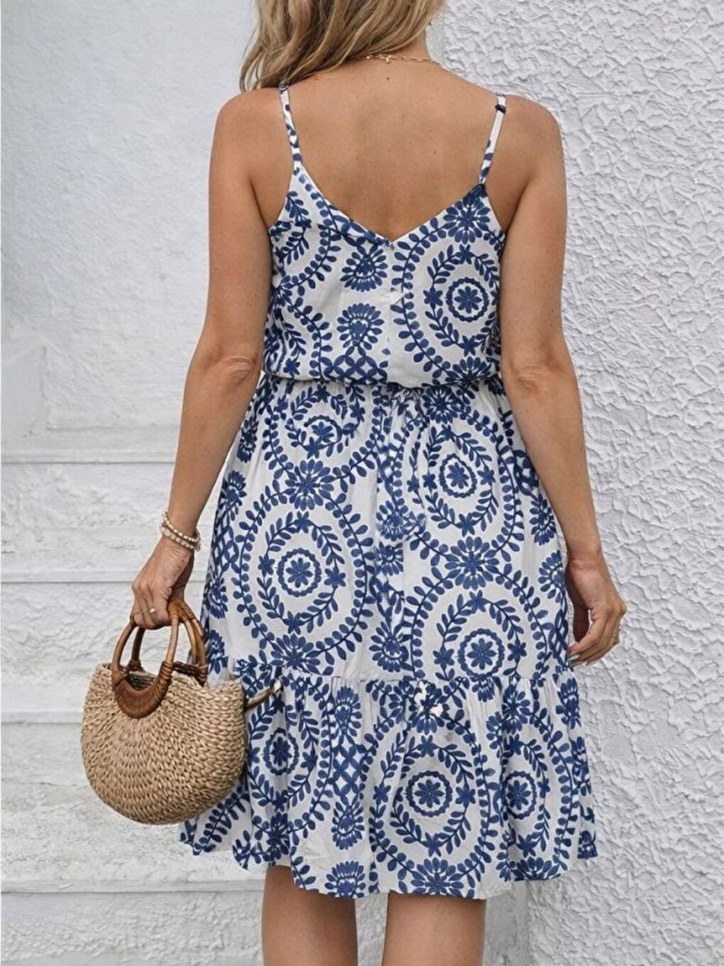 Mavi Kadın Ip Askılı V Yakalı Düğmeli Desenli Kısa Süprem Elbise-2